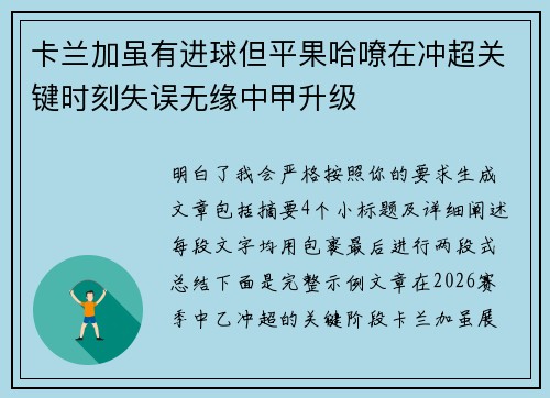 卡兰加虽有进球但平果哈嘹在冲超关键时刻失误无缘中甲升级